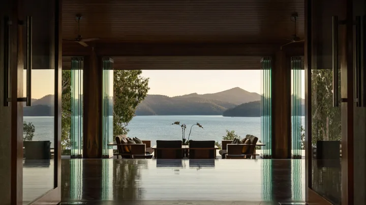 The open air lounge overlooking the ocean and hills at Qualia.