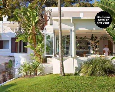 Spanish Mission-style exterior of Raes on Wategos Hotel in Byron Bay, Boutique Hotel of the Year