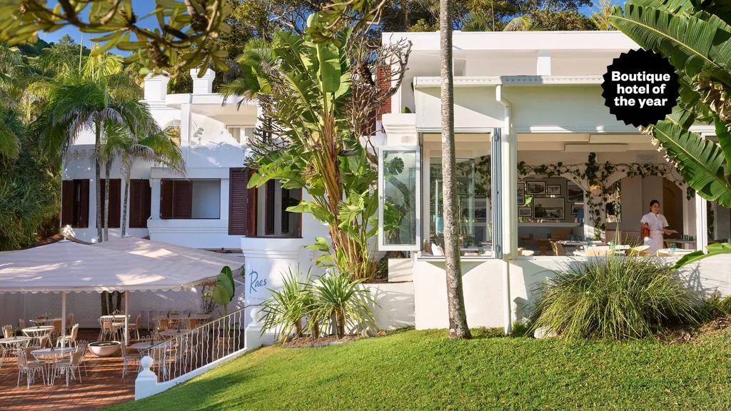 Spanish Mission-style exterior of Raes on Wategos Hotel in Byron Bay, Boutique Hotel of the Year