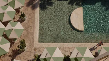 An overhead shot of the outdoor pool at The Calile, Brisbane.