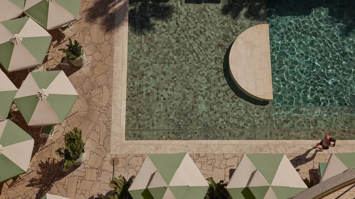 An overhead shot of the outdoor pool at The Calile, Brisbane.