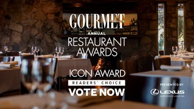 Gourmet Traveller Icon Award restaurant image with text graphics to vote now