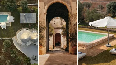 3 images of exteriors of homes and hotels in puglia italy, including a pool, garden and outdoor umbrella