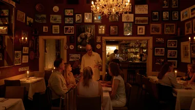 Corner 75 restaurant interior with red walls and memorabilia