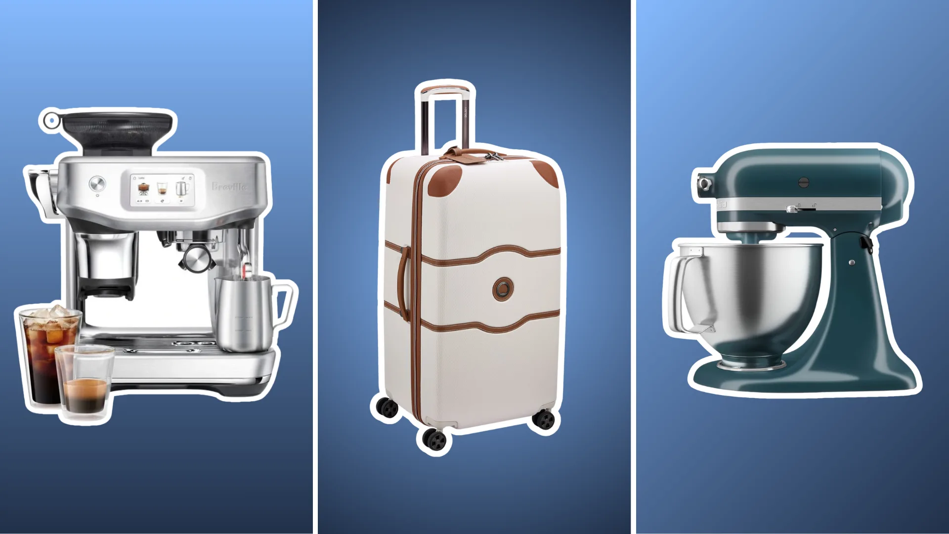 etched imagery of eofy sale products including a coffee machine, suitcase and stand mixer