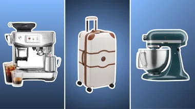 etched imagery of eofy sale products including a coffee machine, suitcase and stand mixer