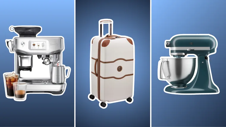 etched imagery of eofy sale products including a coffee machine, suitcase and stand mixer