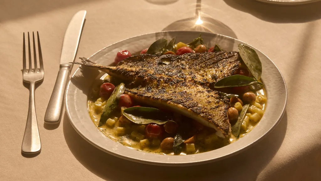 Fish with gnocchi on whote plate with table setting background