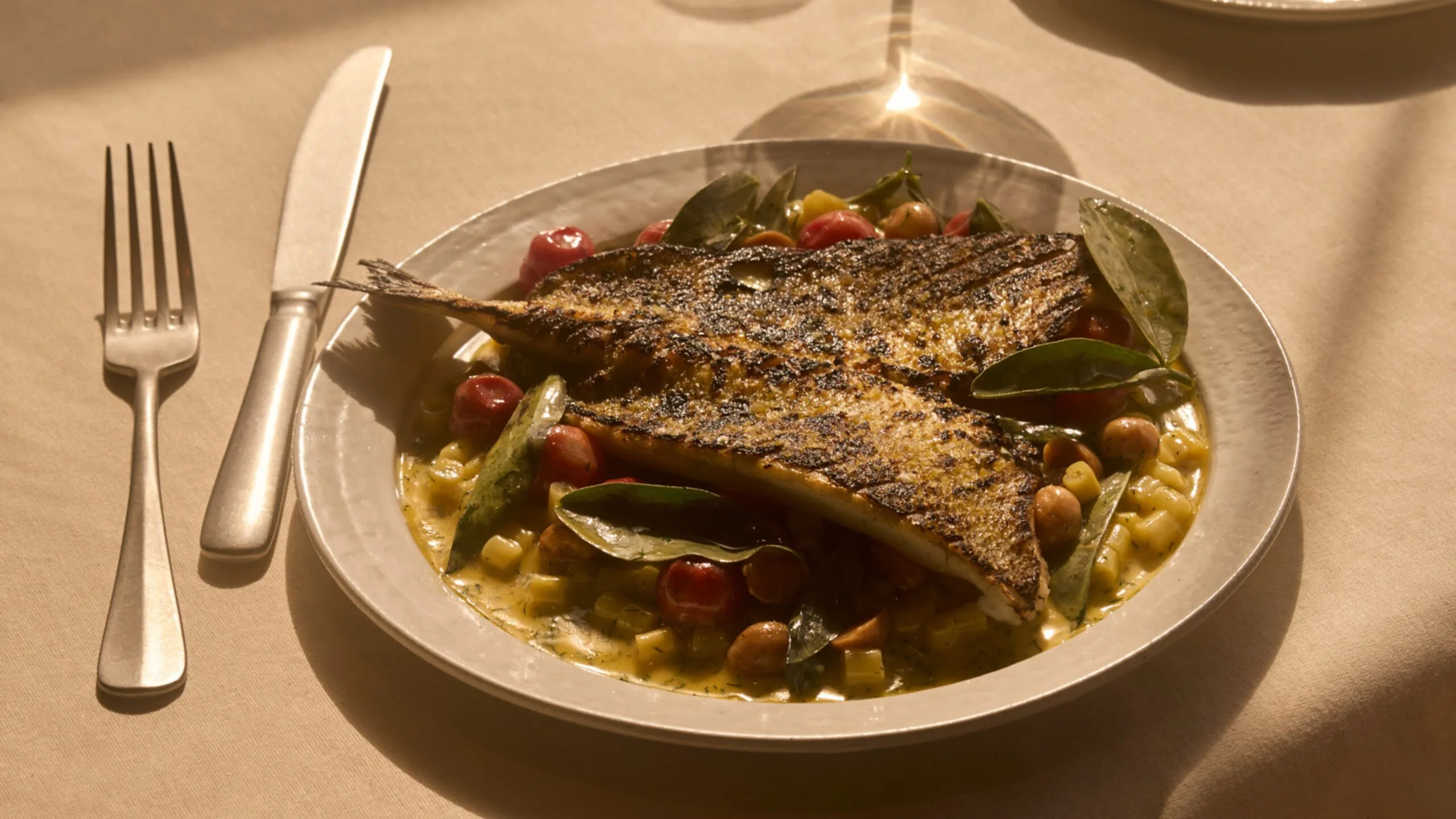 Fish with gnocchi on whote plate with table setting background