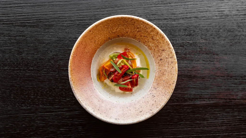 Oirthir tomato, Tongola goat’s curd and tarragon dish. (Credit: Adam Gibson)