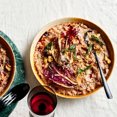 Cheat’s porcini mushroom risotto with radicchio and sage