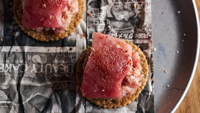 Scholé's albacore tuna on hemp seed cracker.