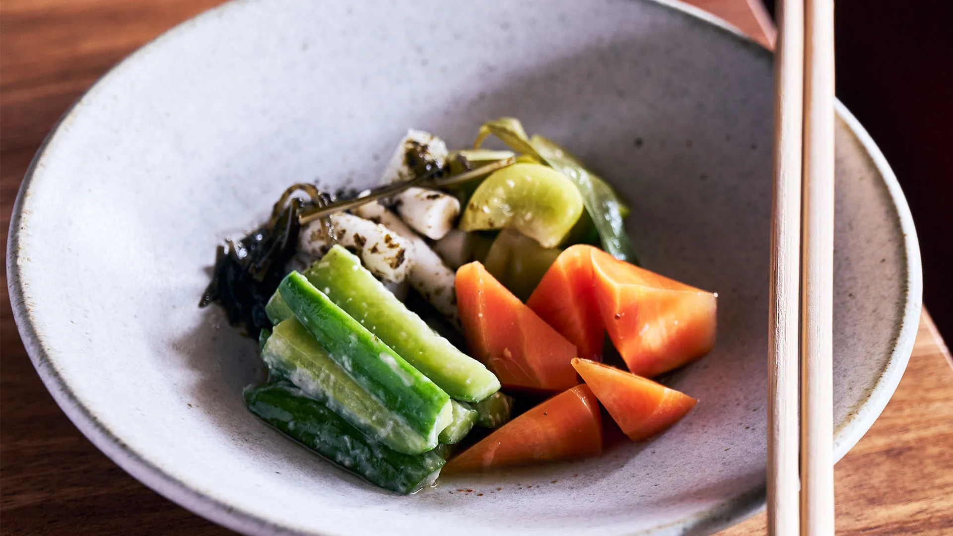 Pickled white asparagus and tomatillos dressed in shiso vinaigrette at Scholé