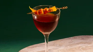 A photograph of Bobby Burbs cocktail made from blended Scotch Whiskey and vermouth