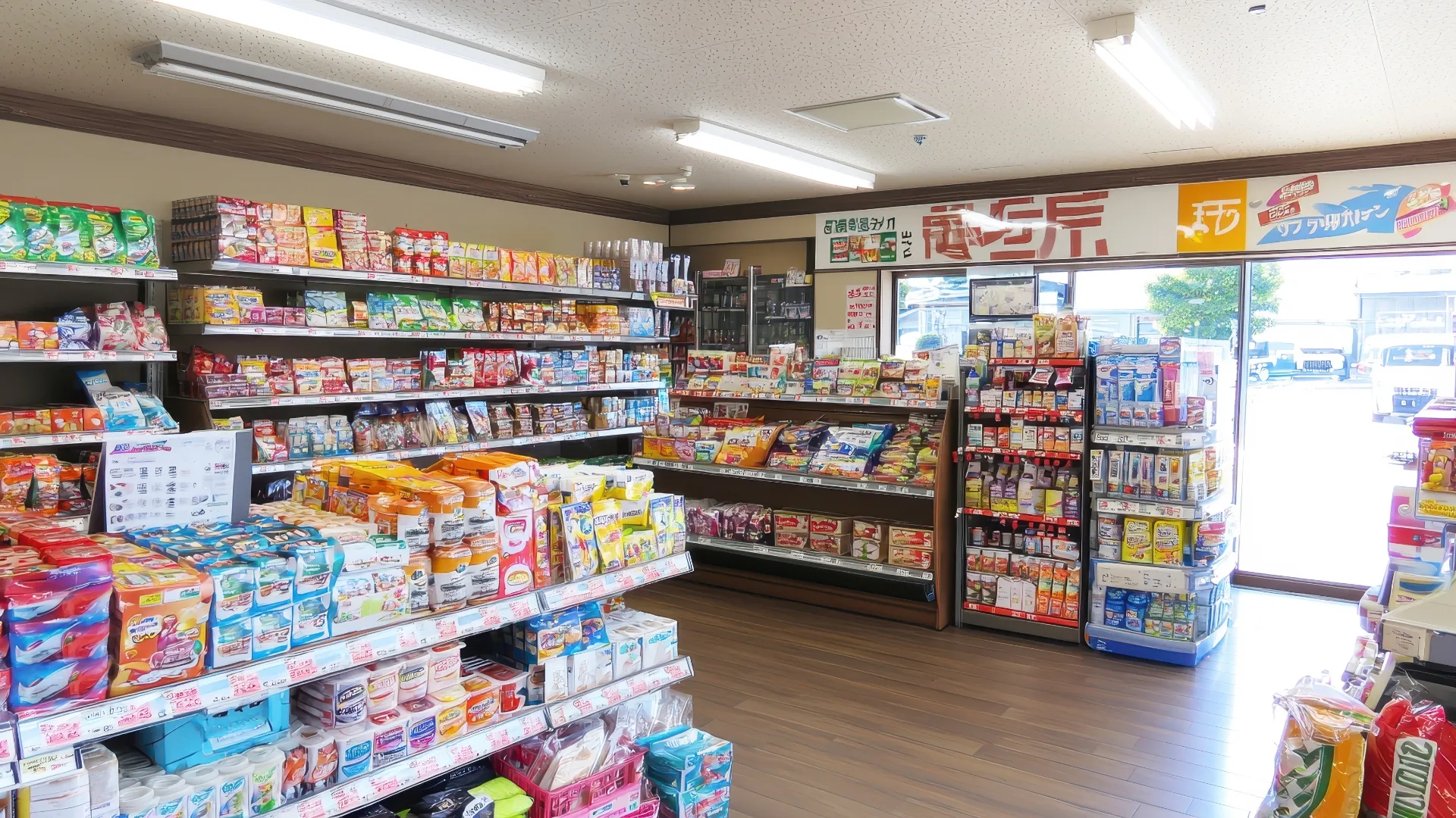 The stacked shelves of a konbini or convenience store in Japan 