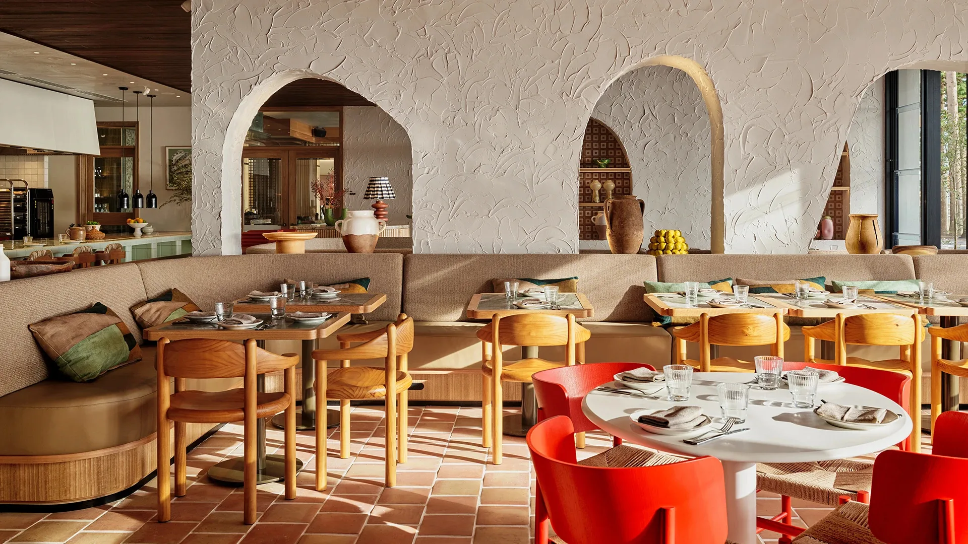 A coastal, Mediterranean-inspired dining area at Manly Pacific Hotel in Sydney