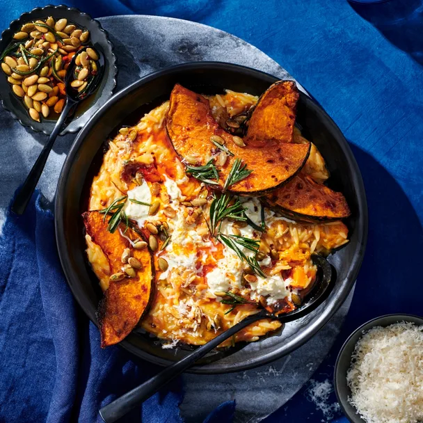 Stracciatella and pumpkin risoni with roast chilli oil.