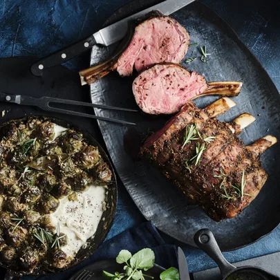 Roast veal rack with Brussels sprout and mustard gratin