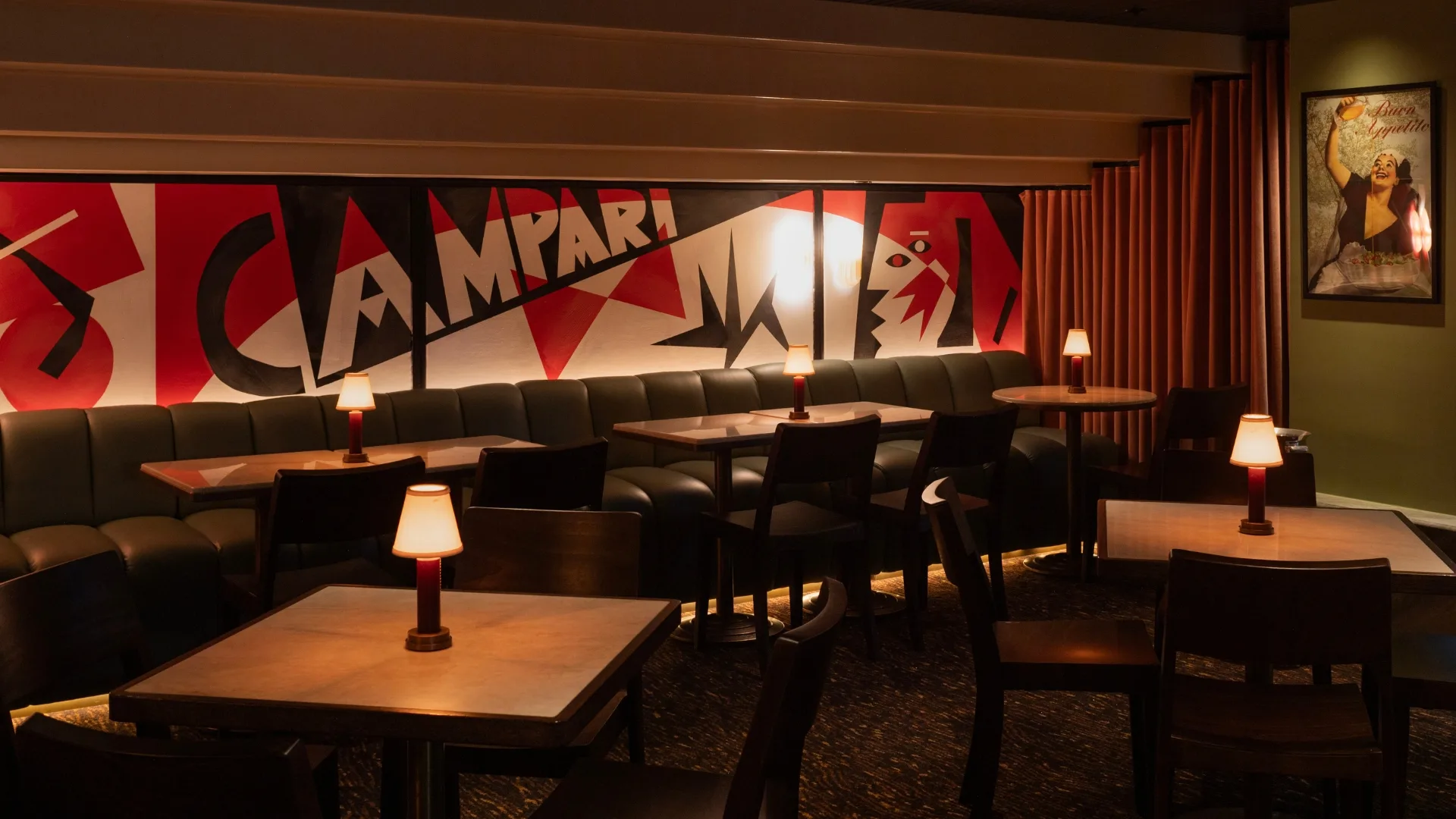 The graphic Campari mural in new basement bar Bar Torino in Double Bay