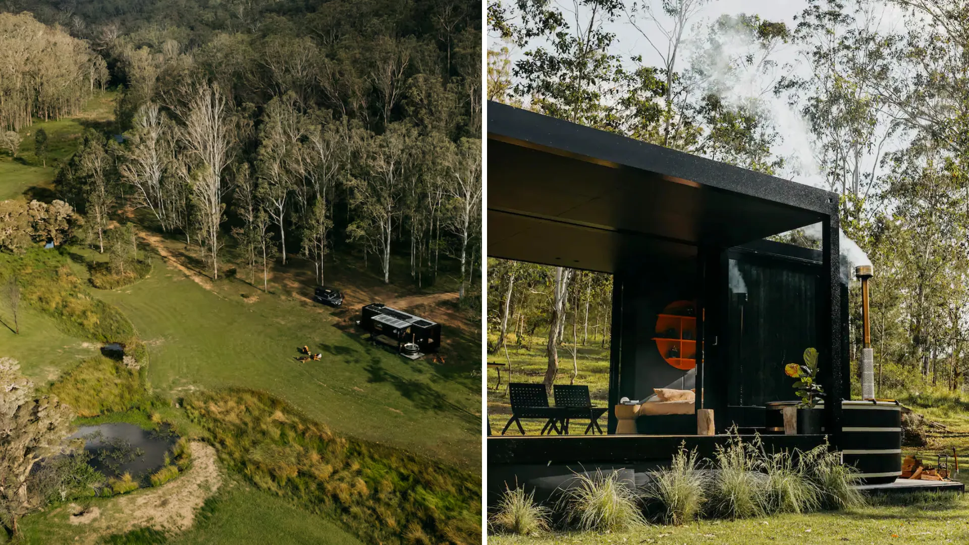 aerial view of an airbnb in hunter vallery and a closeup of a rural stay