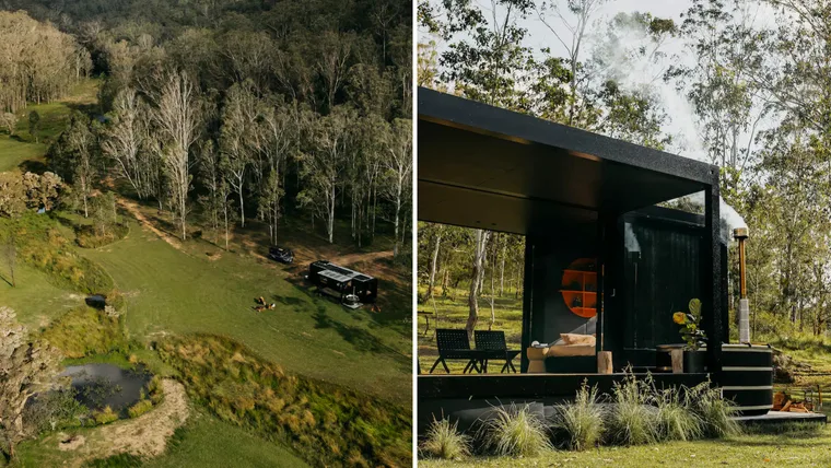 aerial view of an airbnb in hunter vallery and a closeup of a rural stay