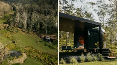 aerial view of an airbnb in hunter vallery and a closeup of a rural stay