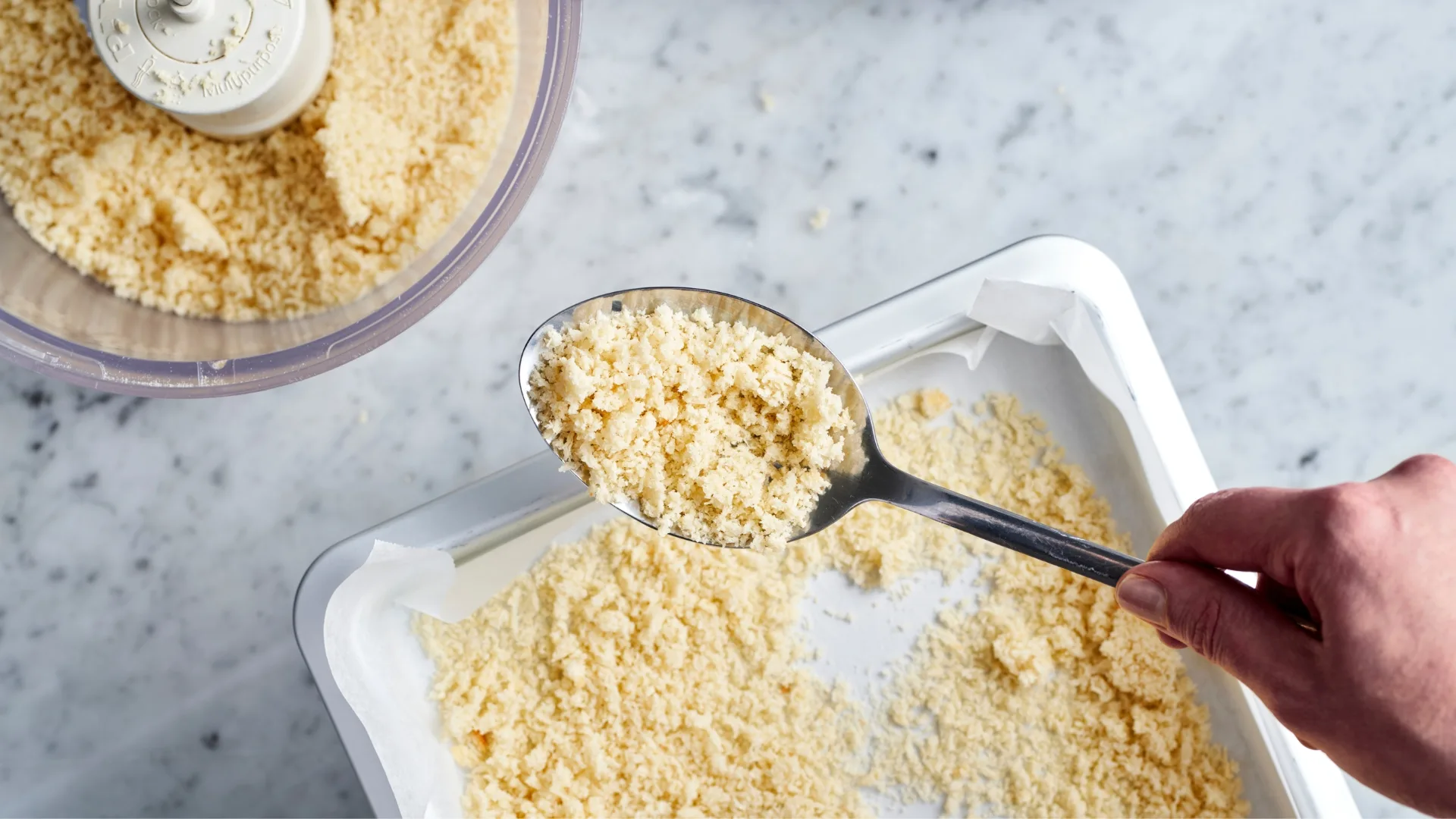 Bread crumbs after they've been processed - the first step of the Corner 75 schnitzel process.