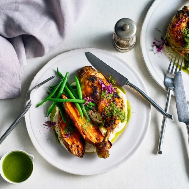 Roast chicken Marylands and sweet potato with zhoug and tahini yoghurt