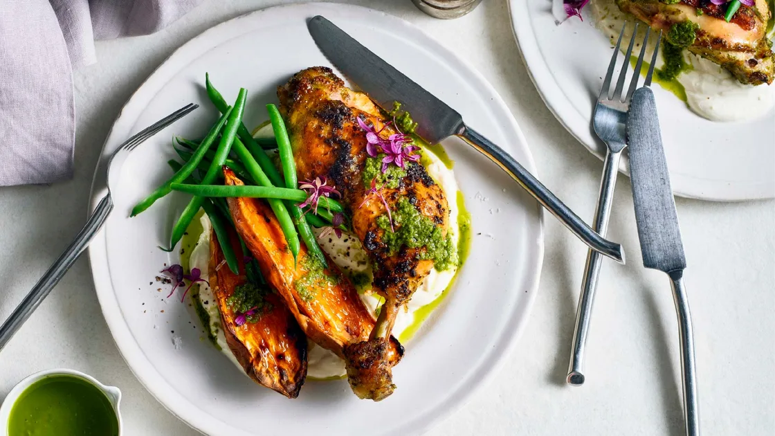Roast chicken Marylands and sweet potato with zhoug recipe - Gourmet Traveller