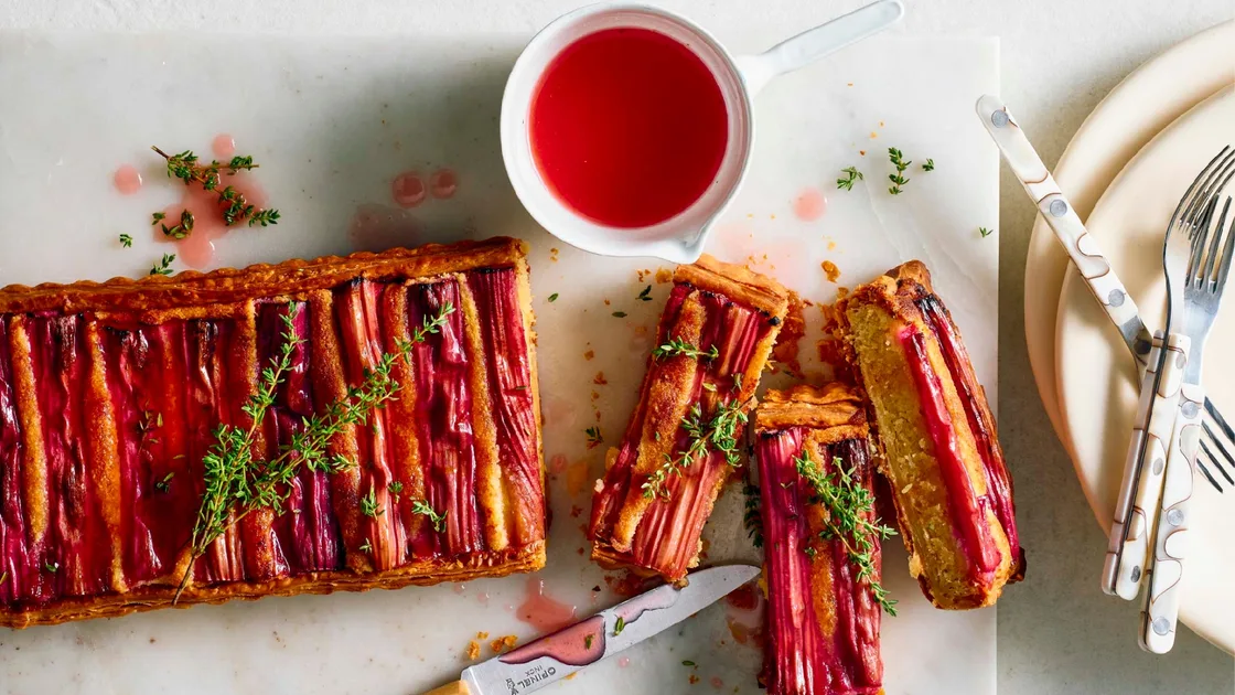 Roasted rhubarb and mandarin frangipane tart with thyme recipe - Gourmet Traveller
