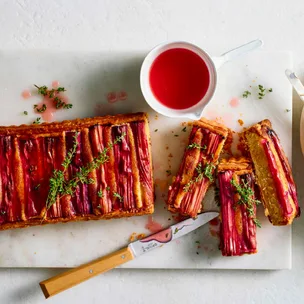 Roasted rhubarb and mandarin frangipane tart with thyme