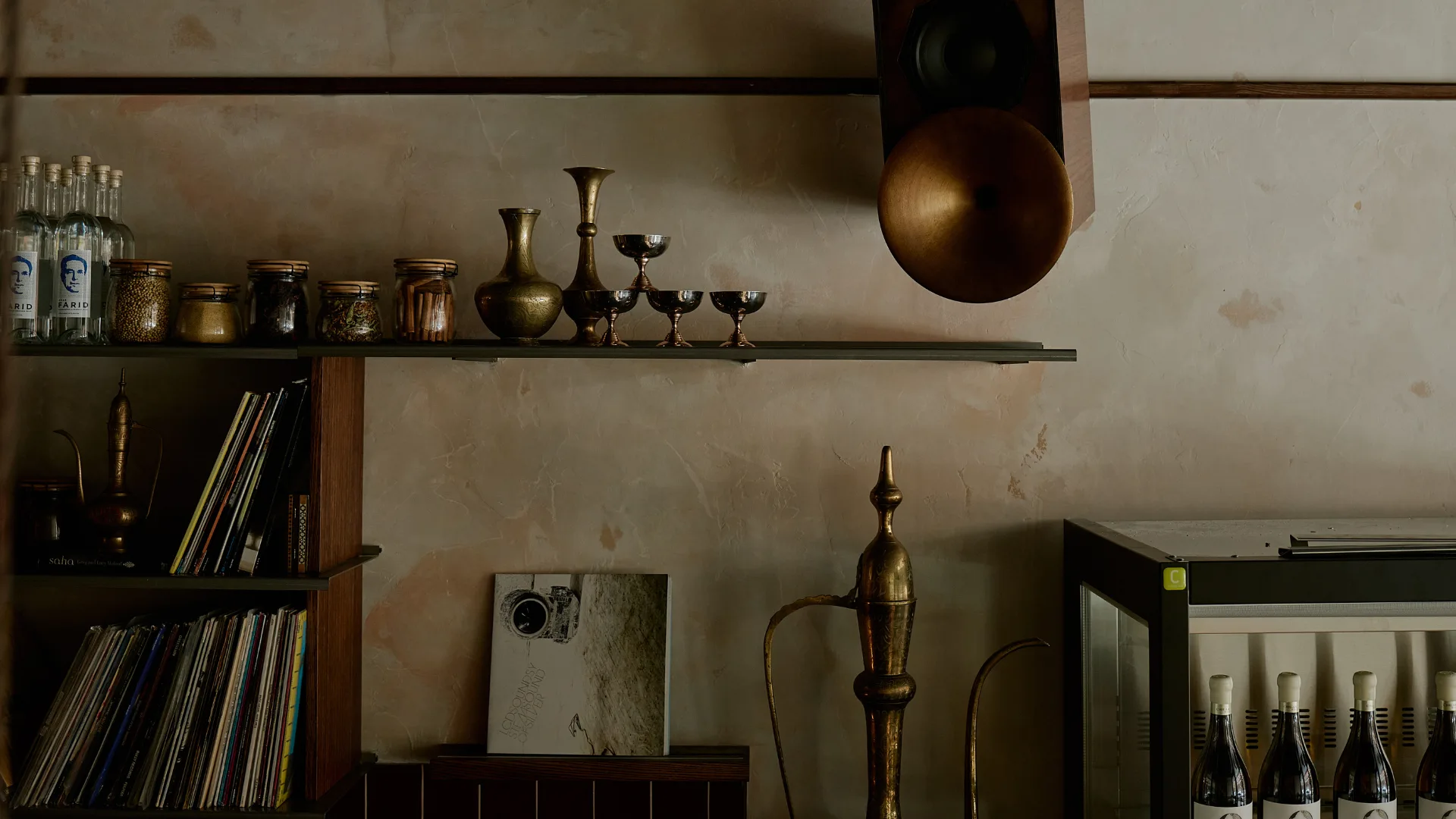 The custom speakers, antique decor, and vinyl collection at Melbourne restaurant Zareh