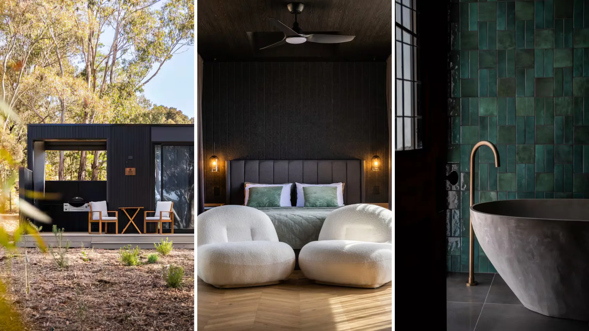 the interior and exterior or three airbnbs in Barossa valley, a renowned wine-producing region northeast of Adelaide, in South Australia.