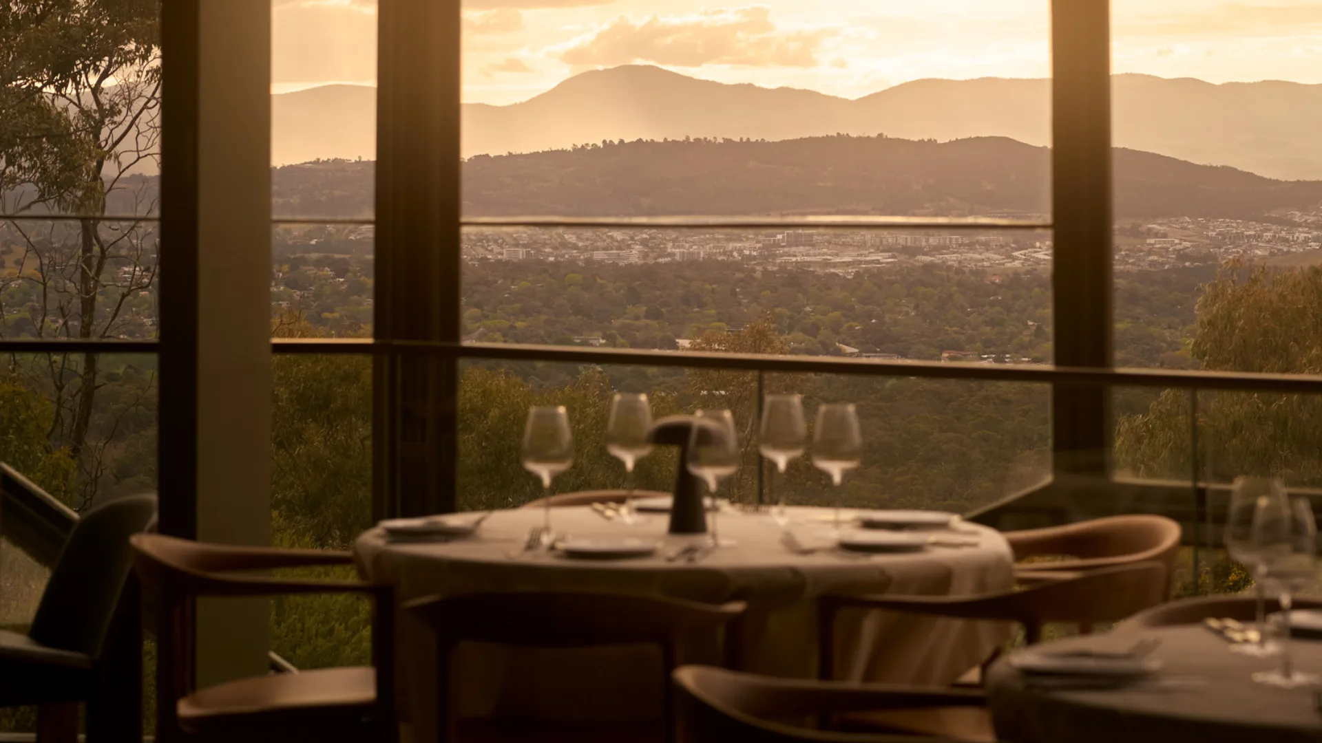 The sunset view from Canberra restaurant Lunetta's dining room.