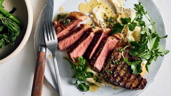 Char-grilled sirloin steak with anchovy butter