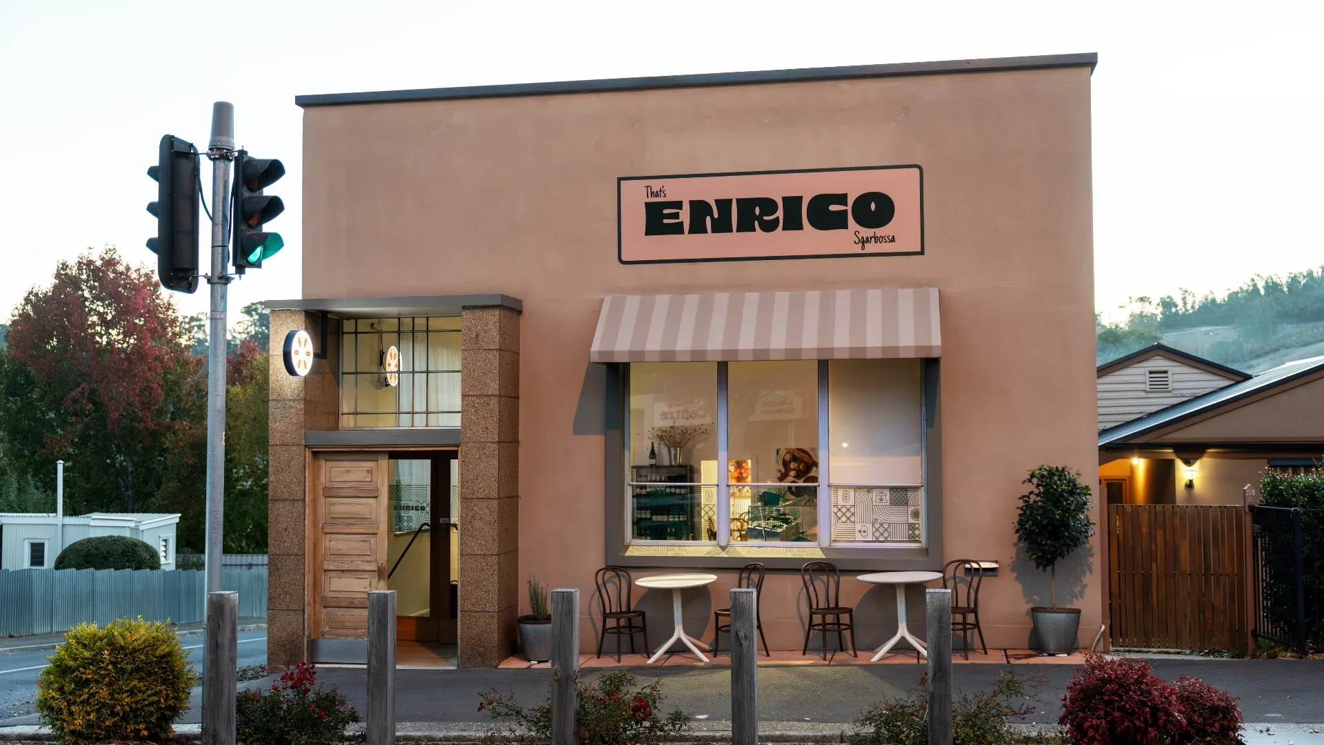 The salmon-pink exterior of That's Enrico, Adelaide Hills.