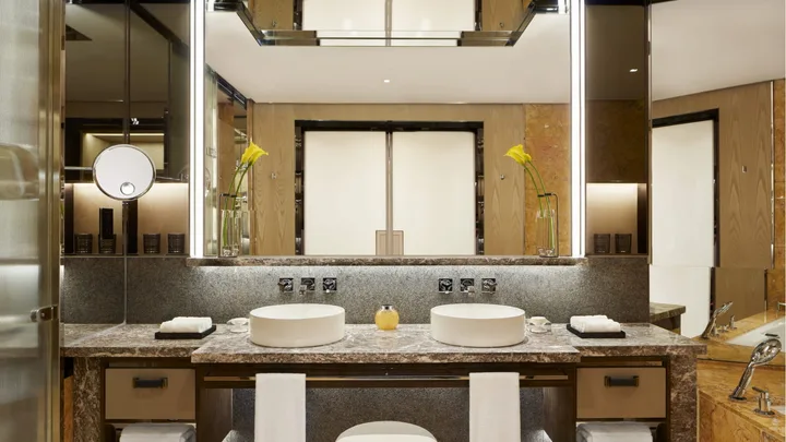 Bathroom in hotel room at Four Seasons Hong Kong