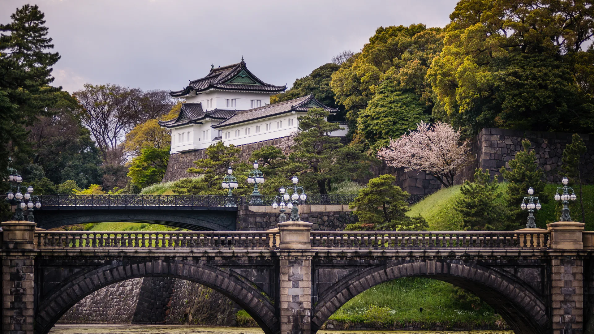 View of the Imperial palace in Tokyo, Japan with the Seimon Ishibashi bridge in the foreground