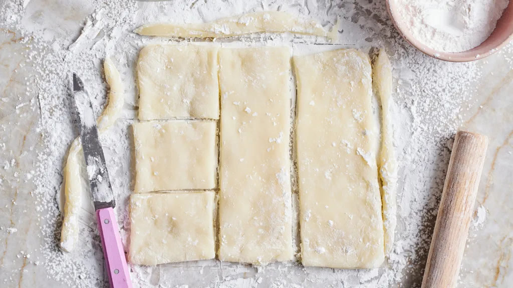 Rolled out Mochi dough cut into segments.