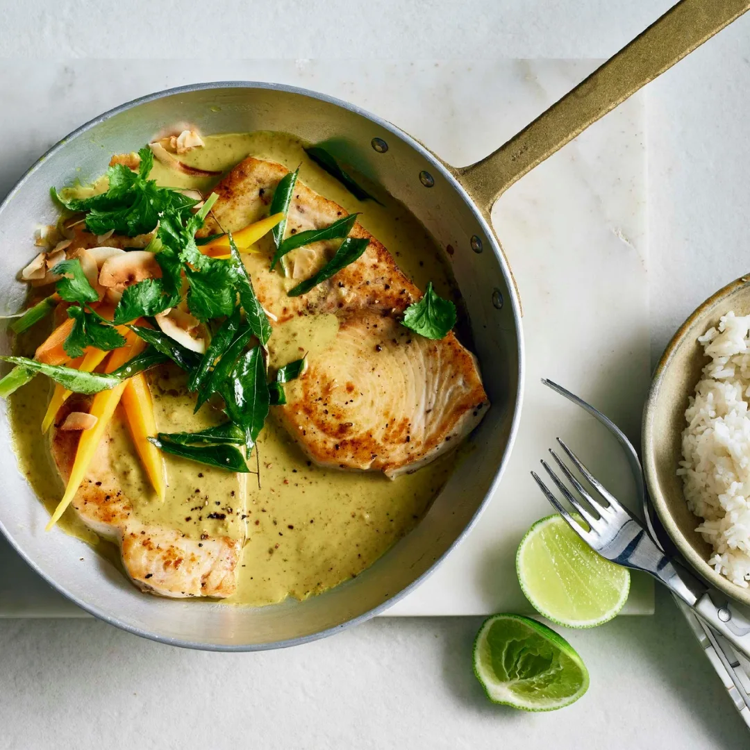 Pan-fried swordfish with Malaysian-style curry sauce