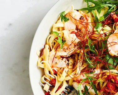 Prawn linguine with semi-dried tomatoes and olives