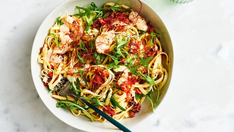 Prawn linguine with semi-dried tomatoes and olives
