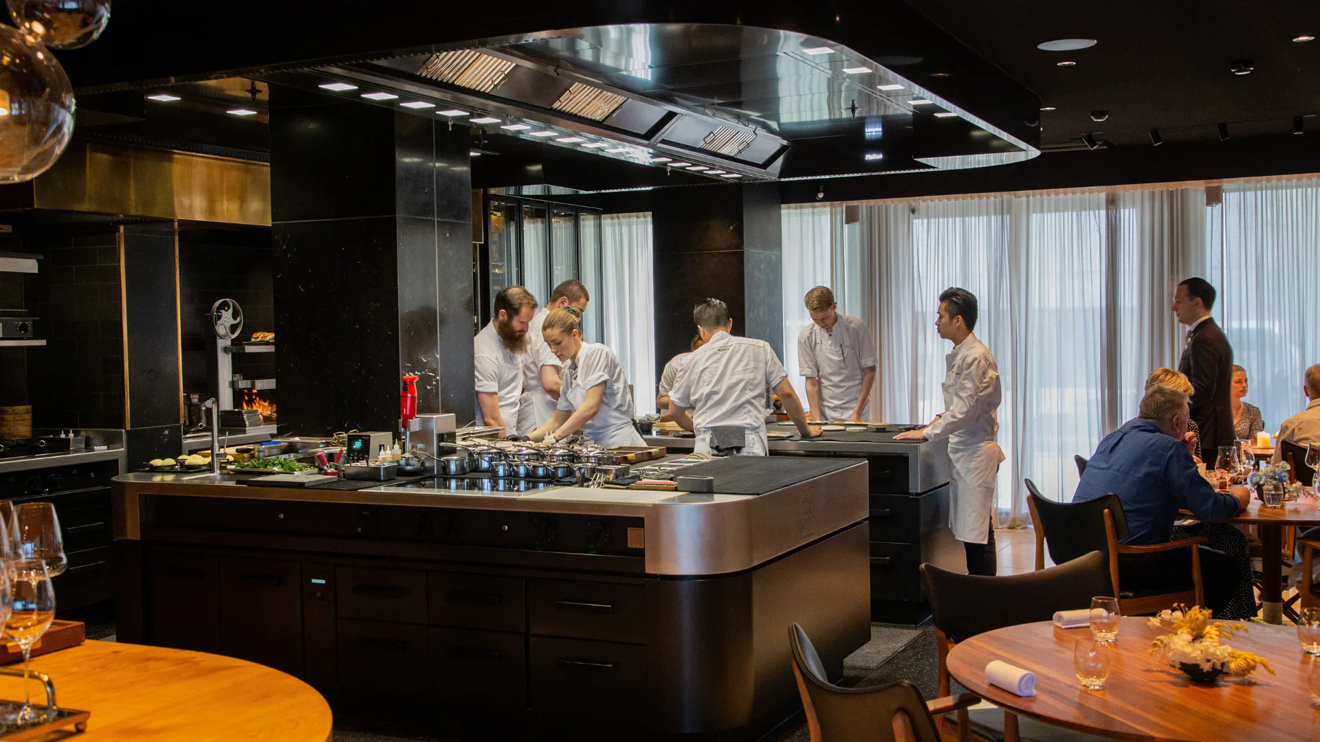 The open kitchen and dining room at Re-Naa, Norway