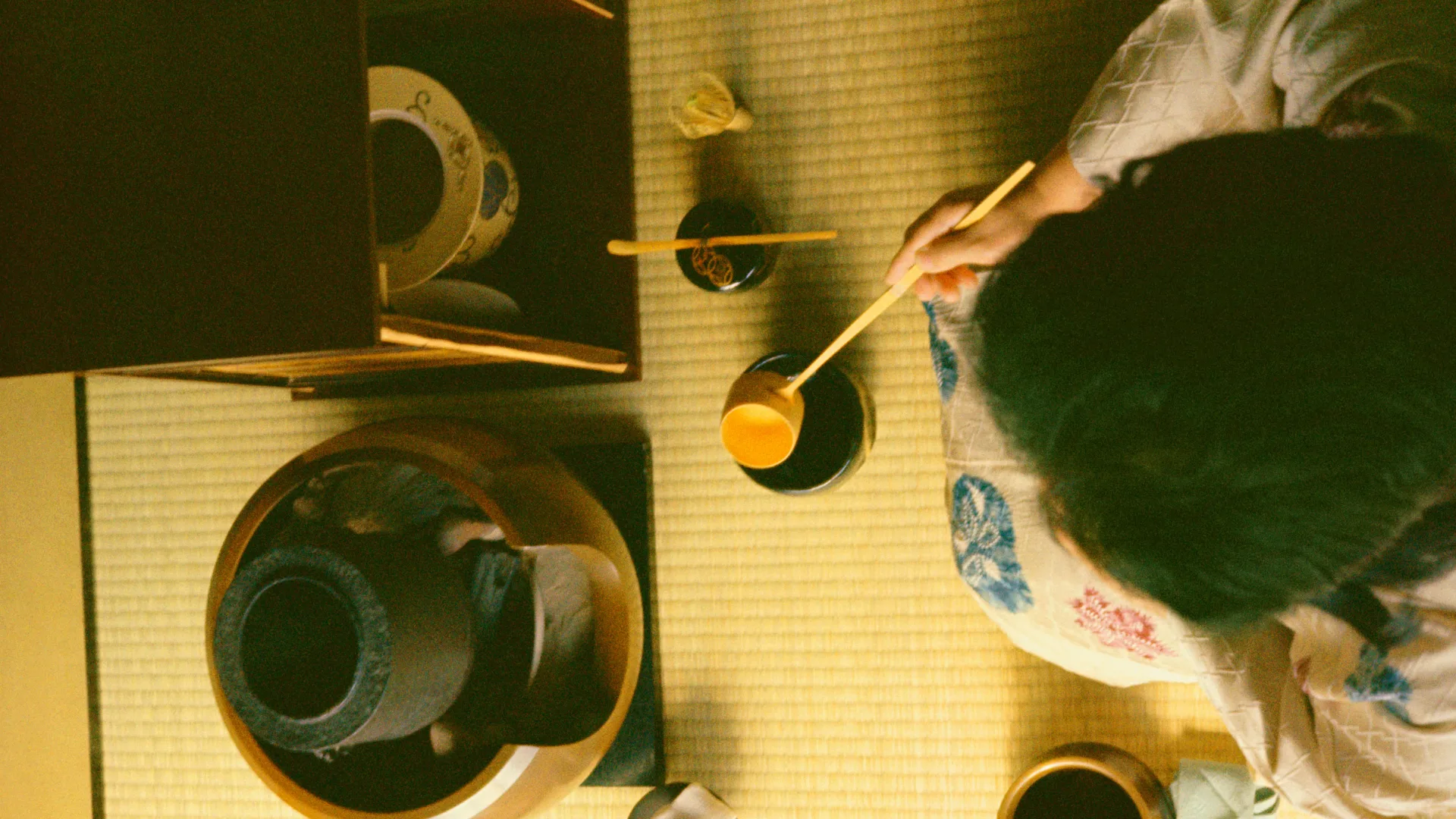 High angle view of a woman making tea in Japan