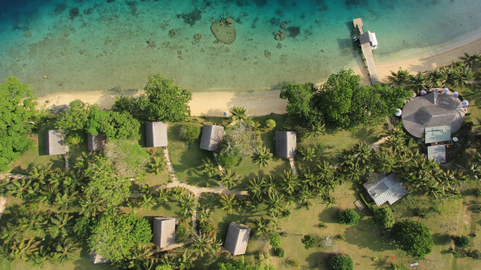 Aerial shot of Aore Island Resort on Espiritu Santo, Vanuatu