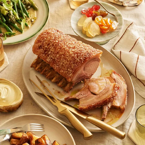 Roast pork rack with mustard fruits.