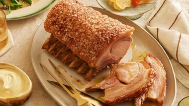 Roast pork rack with mustard fruits.