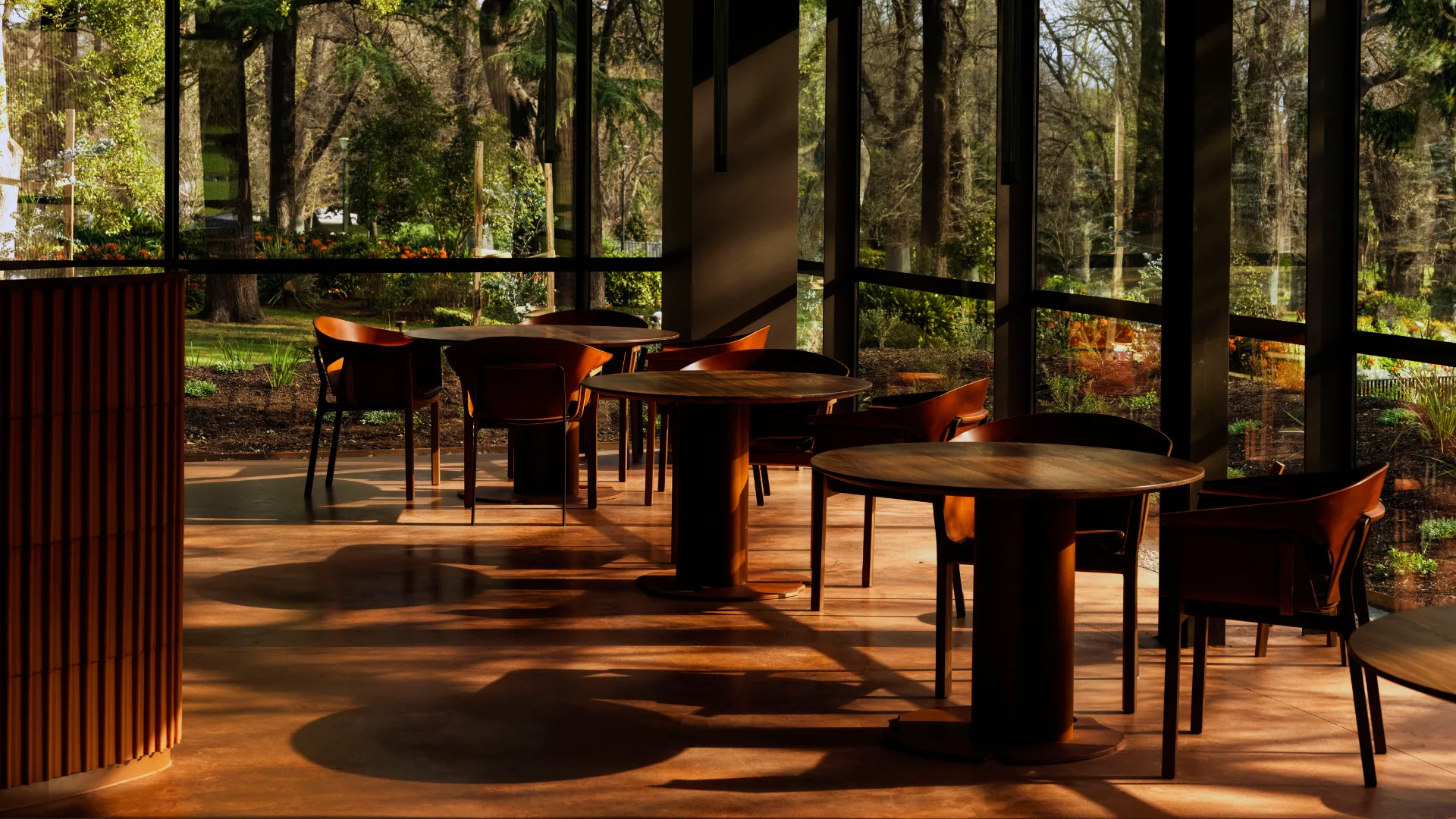 The dining room at Melbourne restaurant Yiaga, looking out to Fitzroy Gardens