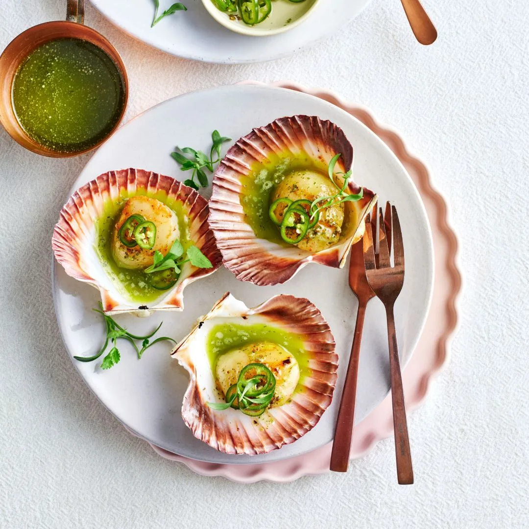 a plate of three barbecued scallops in shells with green chilli, coriander and lime butter dressing