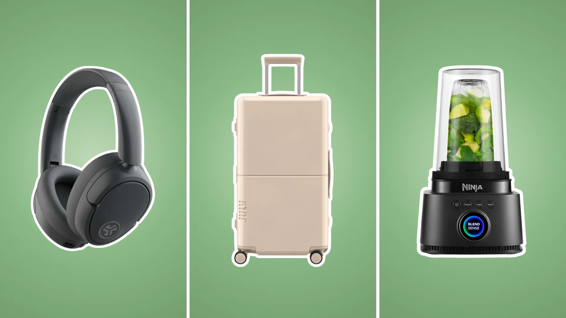 Editors picks of tech, luggage and home Black Friday deals for 2025 in a collage, including Bose headphones, July luggage and a Ninja Blender